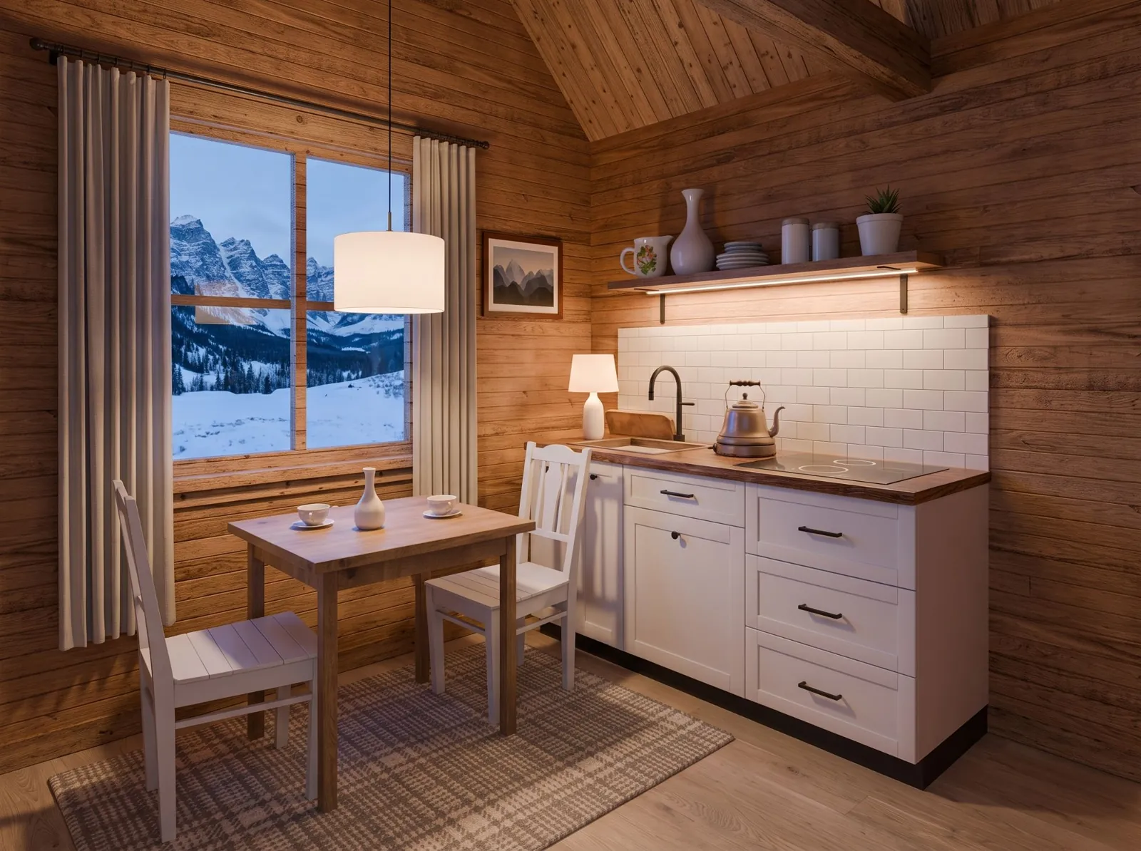 Kitchenette and a small dining table for two