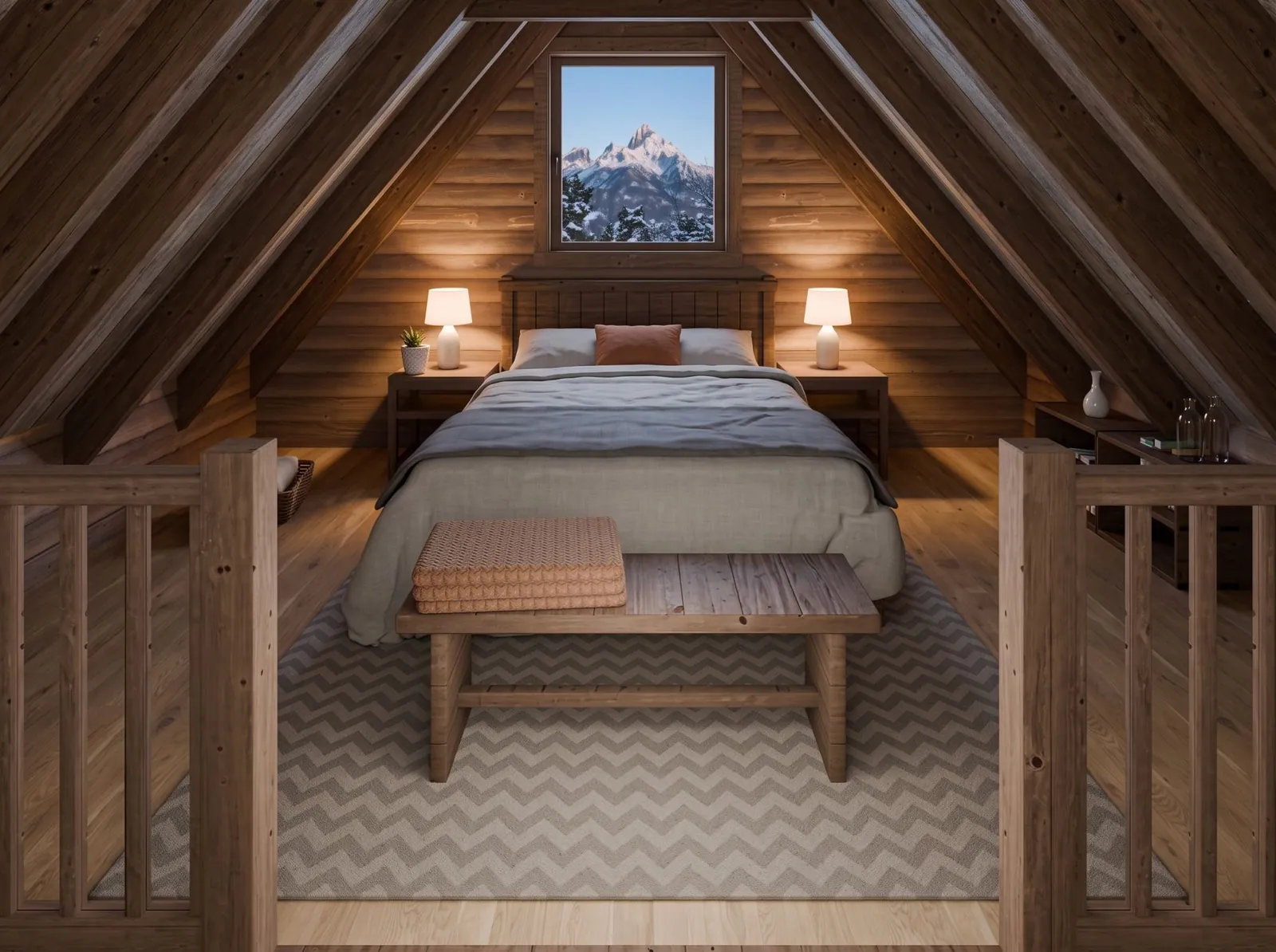 Sleeping loft with a queen bed under exposed roof beams